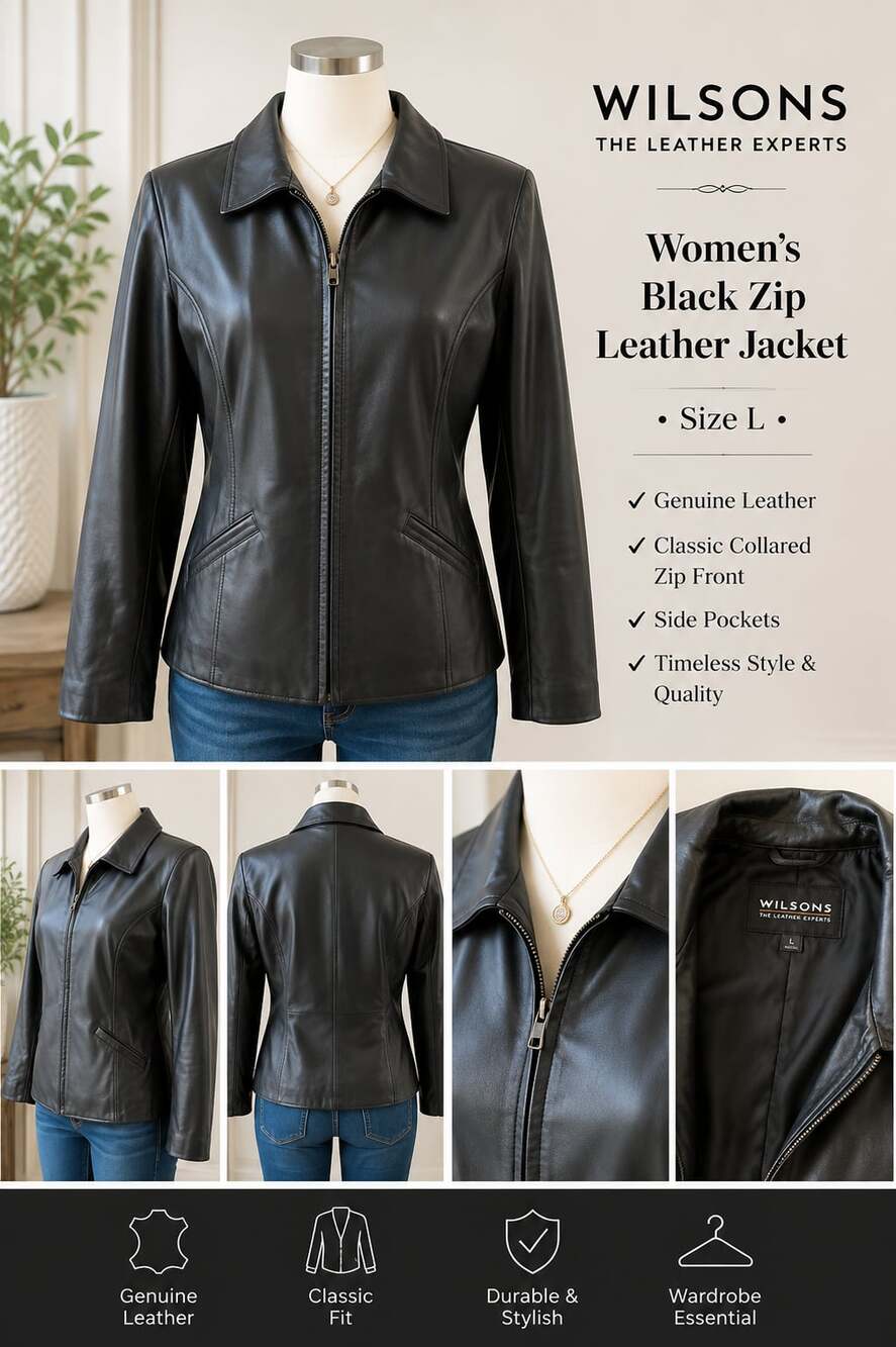 Vintage Wilsons The Leather Experts Women's Black Leather Full-Zip Jacket size w